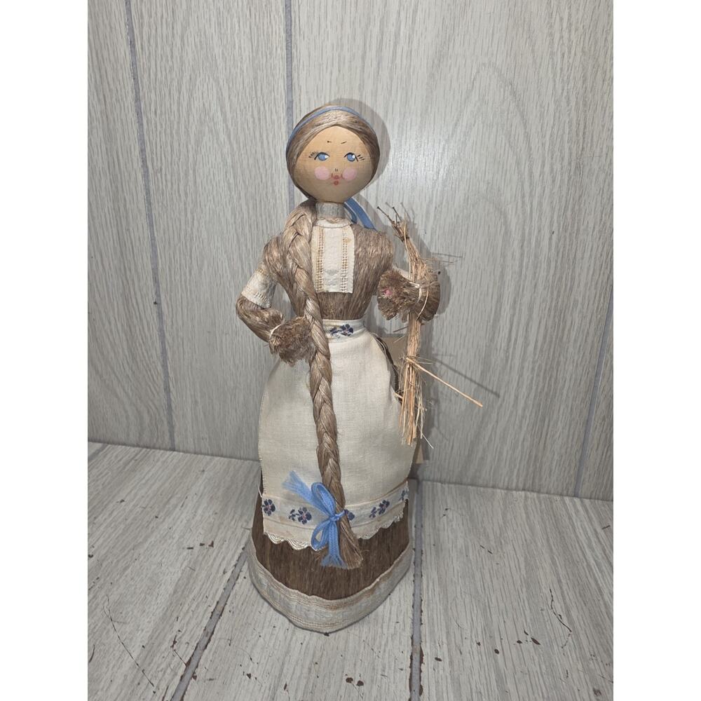 Vintage 95' Russian Wooden Flax Doll Traditional Handmade Tags Belarus Folk Art
